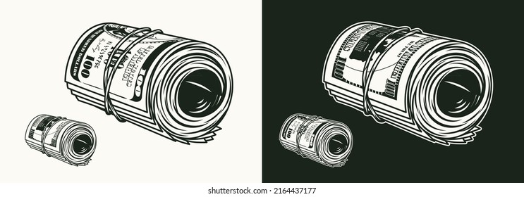 Monochrome money roll with front and reverse side of 100 dollar bills. Cash money. Vintage style. Detailed isolated vector illustration on dark and white background. Perspective side view