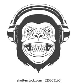 Monochrome Monkey with headphones isolated on white background. Vector EPS8 illustration. 