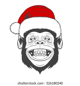 Monochrome Monkey with santa hat isolated on white background. Vector EPS8 illustration. 