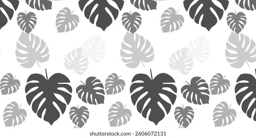 Monochrome Monstera Leaf Seamless Pattern on White Background