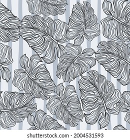 Monochrome monstera leaves silhouette seamless pattern on stripes background. Tropic foliage backdrop. Design for fabric, textile print, wrapping paper. Vintage vector illustration