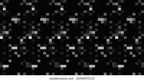 Monochrome mosaic background showcasing scattered white and gray square shapes against a dark backdrop, creating a textured and pixelated visual effect across the image surface