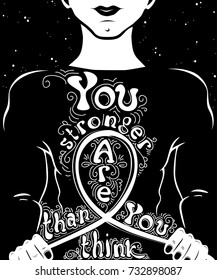 Monochrome motivational and inspirational typographic poster with man silhouette and quote: You are stronger than you think. Vector illustration with lettering