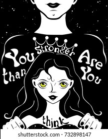 Monochrome motivational and inspirational typographic poster with  a cute cartoon girl, man silhouette and quote: You are stronger than you think. Vector illustration with lettering