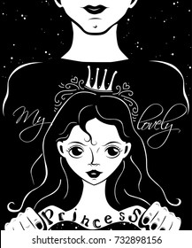 Monochrome motivational and inspirational typographic poster with  a cute cartoon girl, man silhouette and quote: My lovely princess. Greeting card template