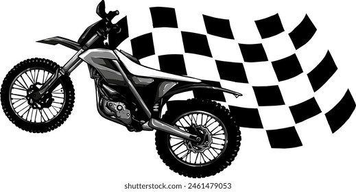 monochrome motocross sport with flag race vector design illustration logo