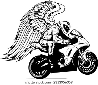 monochrome Motorbike rider with wings vector silhouette. Road motorcycle racing