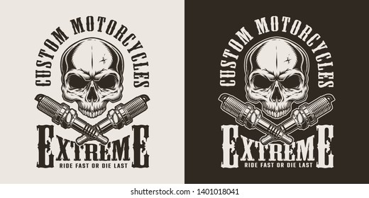 Monochrome motorcycle repair service label with skull and crossed spark plugs in vintage style isolated vector illustration