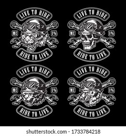 Monochrome motorcycle vintage badges with crossed wrenches skull and ferocious animals heads in biker helmets on black background isolated vector illustration
