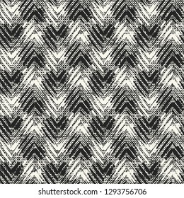 Monochrome Mottled Textured Checked Chevron Graphic Motif. Seamless Pattern.