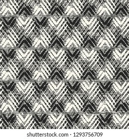 Monochrome Mottled Textured Checked Chevron Graphic Motif. Seamless Pattern.