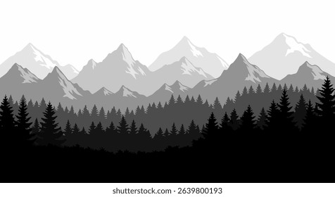 Monochrome Mountain Landscape with Evergreen Forest Silhouette