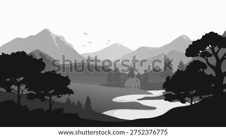 Monochrome Mountain Landscape Illustration with River Forest and Pine Trees in Grayscale Vector