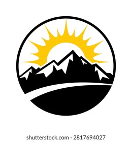 Monochrome mountain silhouette logo vector in circular frame with yellow sunburst rays.