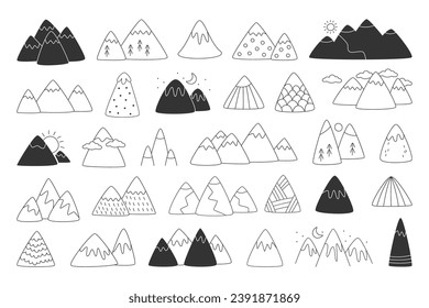 Monochrome mountains peak range, rock, and cliff hand drawing doodle sketch isolated set vector illustration. Black-and-white mount valley landscapes, natural highlands graphic design element