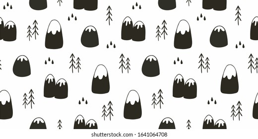 Monochrome mountains with snow in Scandinavian style and Christmas trees, geometric seamless pattern on a white background, vector. For printing on textiles, wallpaper in the nursery. Cute background 