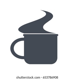 Monochrome mug with steam for camping, vector illustration isolated on white background