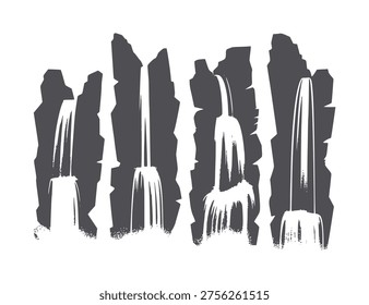 Monochrome of multiple waterfalls cascading down jagged rocky cliffs black white