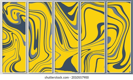 monochrome mural of five images in white frames. overlapping yellow-gray abstract shapes with wavy and smooth edges. vector