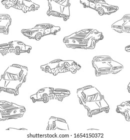 Monochrome muscle car seamless pattern. Jumping rally car, oldschool cars print. Vector illustration.