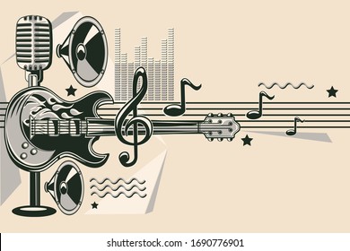 Monochrome music design background with guitar, microphone and loudspeakers