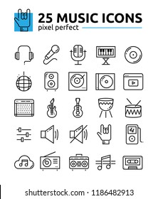 Monochrome music sound system pixel perfect editable stroke line icons set.Music keyboard,radio,electric guitar,microphone stand,DJ mixer,vinyl,headphones,drums,loudspeakers,reproduction devices