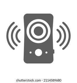 Ilustración vectorial del icono del altavoz de música monocromo. Sencilla caja de audio con logotipo sistema de sonido bajo con onda musical aislada. Espectáculo disco electrónico fiesta dinámica reproductor a gran volumen emblema de la tecnología estéreo