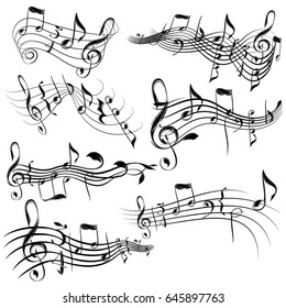 Monochrome musical scores ending with spiral or leaf./Set of vector musical scores.
