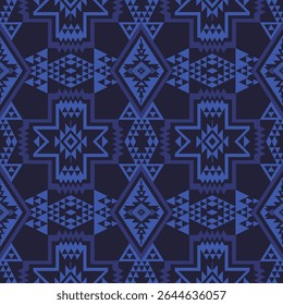 Monochrome Native American pattern. Vector blue aztec southwestern Navajo geometric shape seamless pattern. Ethnic geometric pattern use for fabric, textile, home decoration elements, upholstery.