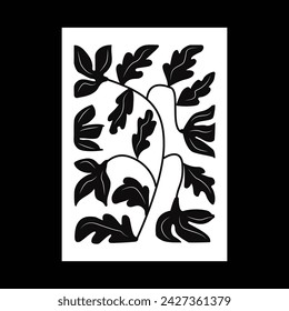 A monochrome natural illustration inspired by Matisse's arts, a winding stem of a plant with flowers. Interior poster.