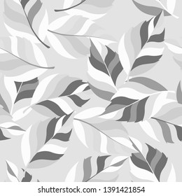 Monochrome natural seamless pattern with black and white striped leaves on gray background.nature foliage pattern.floral texture with herbs for textile, wrapping paper, surface, wallpaper.Vector Eps10