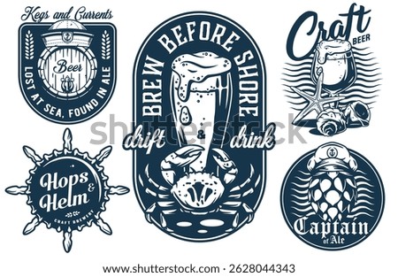 Monochrome nautical beer emblems displaying maritime brewing elements, captain's hat, wooden barrel, crab holding pint glass, helm, hop cone, seashells for sea bar or ocean pub, brewery branding