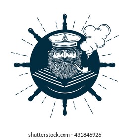 Monochrome nautical marine image and logos of captain with helm on background isolated vector illustration