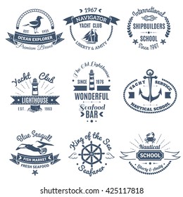 Monochrome nautical marine labels and logos of shipbuilders school yacht club ocean explorer isolated vector illustration