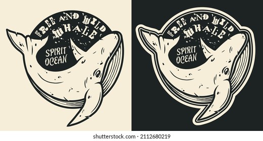 Monochrome nautical and marine round labels with whale in vintage style isolated . Emblem for t-shirts. Vector illustration