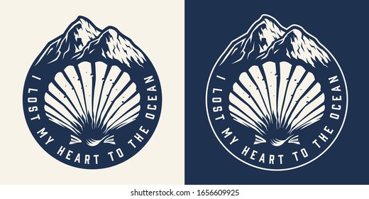 Monochrome nautical round label with seashell and mountains in vintage style isolated vector illustration
