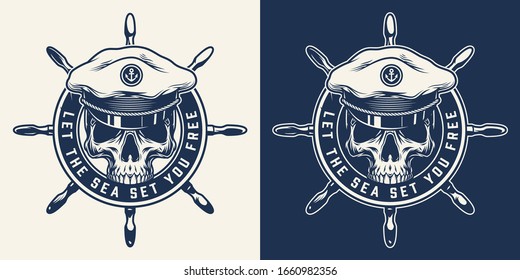 Monochrome nautical round print with ship wheel and skull in sea captain hat in vintage style isolated vector illustration