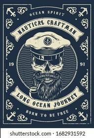 Monochrome nautical template with bearded and mustached skull in sea captain hat with smoking pipe in vintage style vector illustration