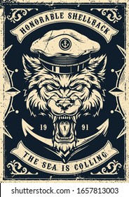 Monochrome nautical vintage poster with letterings ship anchor and aggressive wolf head in sea captain hat vector illustration