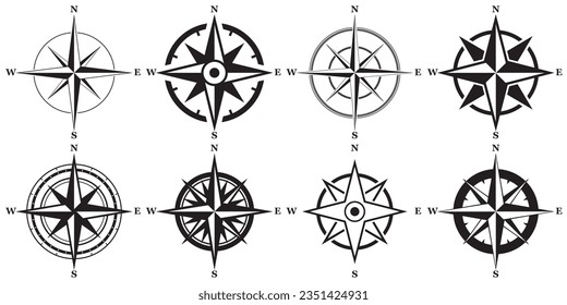 Monochrome navigational compass with cardinal directions of North, East, South, West. nautical chart. Geographical position, cartography and navigation.