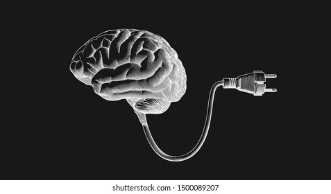 Monochrome negative vintage engraving drawing human brain connected with electric plug cable illustration isolated on black background