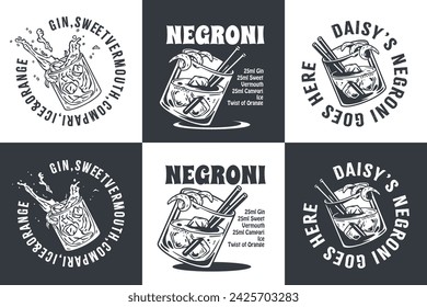 Monochrome negroni cocktail vector set with ice and slice of orange for cocktail bar or drink summer party. Negroni sbagliato or alcohol cocktail collection for tee print of beach bar and cafe menu.