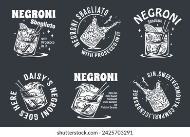 Monochrome negroni cocktail vector set with ice and slice of orange for cocktail bar or drink summer party. Negroni sbagliato or alcohol cocktail collection for tee print of beach bar and cafe menu.