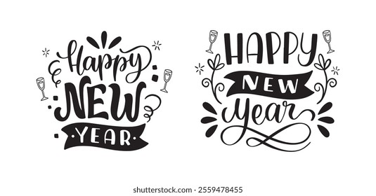 Monochrome new year elements stickers collection. Christmas and new year celebration decoration. Black lettering chill out sticker set. New year lettering in vintage style. Vector illustration.