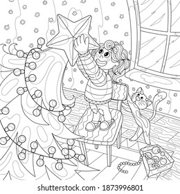 Monochrome, new year's drawing for the book-anti stress. Christmas illustration in cartoon style - a boy dresses up a Christmas tree with a cat. Anti-stress coloring book with thin contours