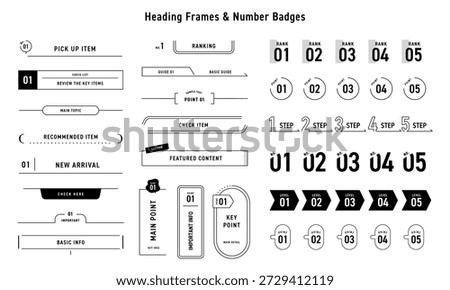 Monochrome Number and Heading Label Set, Step and Point Design Elements, Vector