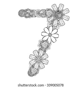 Monochrome number seven of hand drawn flowers. Floral numerals. Vector illustration, isolated on white