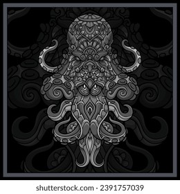 Monochrome Octopus kraken mandala arts isolated on black background