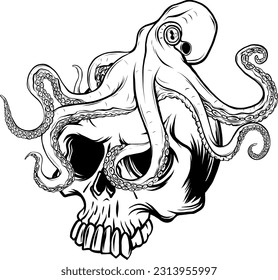monochrome octopus on huma skull. vector illustration on white bacground