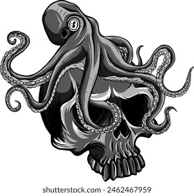 monochrome octopus on huma skull. vector illustration on white bacground